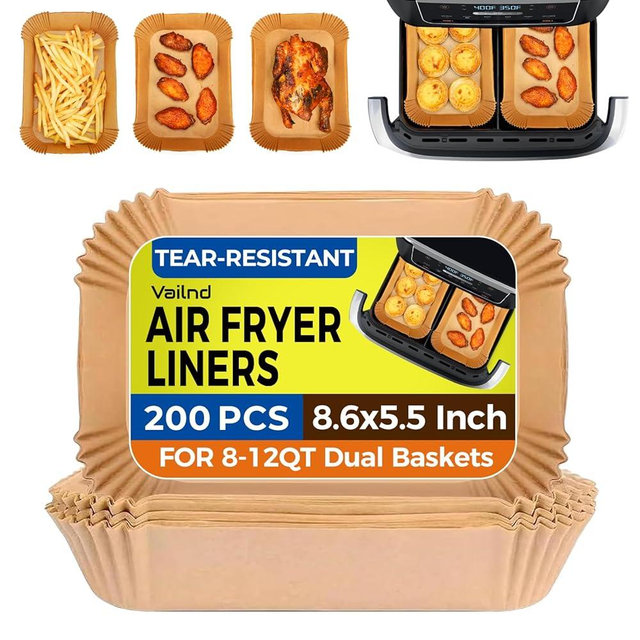 Air Fryer Liners Disposable for Dual Baskets, 200Pcs Rectangle Parchment Paper Liner for Ninja DZ201 DZ401, Chefman/COSORI 2-Basket Air Fryer, Oil Proof Baking Paper by Vailnd(8.6x5.5 Inch)
