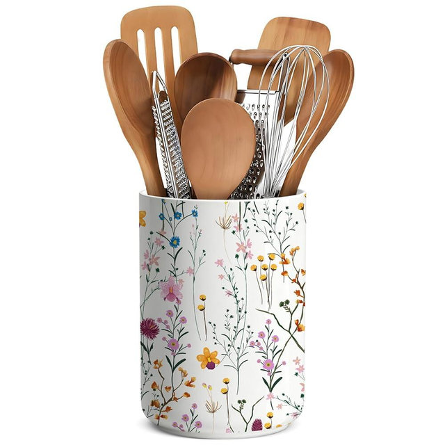 Ptrin Wildflowers Utensil Holder,Countertop Ceramic Utensil Holder,Large Cooking Utensil Crocks for Kitchen Counter Decor,Ceramic Vase for Kitchen Utensils, H6.3 xD4.7(Wildflowers)