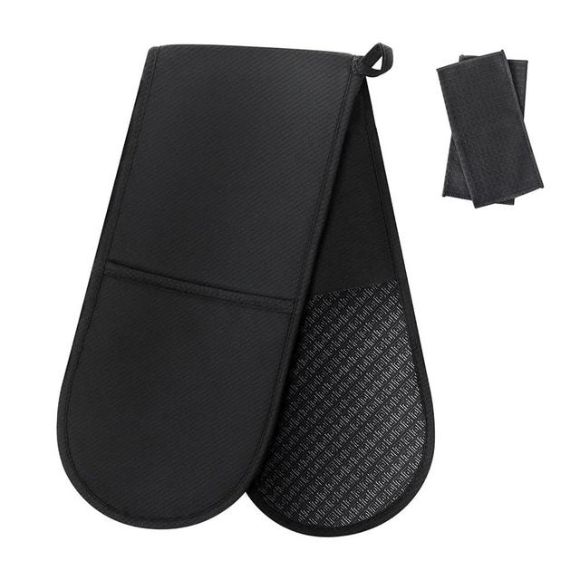 Philorn Black Double Oven Mitts，Heat Resistant 260℃ Waterproof Silicone Glove Kitchen Gloves Oven Extra Long Oven Mitts with Non-Slip Silicone Surface for Baking, Cooking, BBQ