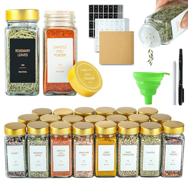 TESUNMU Gold Spice Jars with Label，4oz Seasoning Containers, Glass Spice Bottles with Shaker Lids,Funnel, Chalk Pen for Cabinet，Drawer，Rack (48)