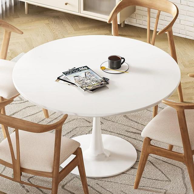DKLGG White Round, 42.1" Tulip Kitchen Dining 4-6 People with MDF Top & Pedestal Base, Mid-Century End Leisure Coffee Office Living Room Table