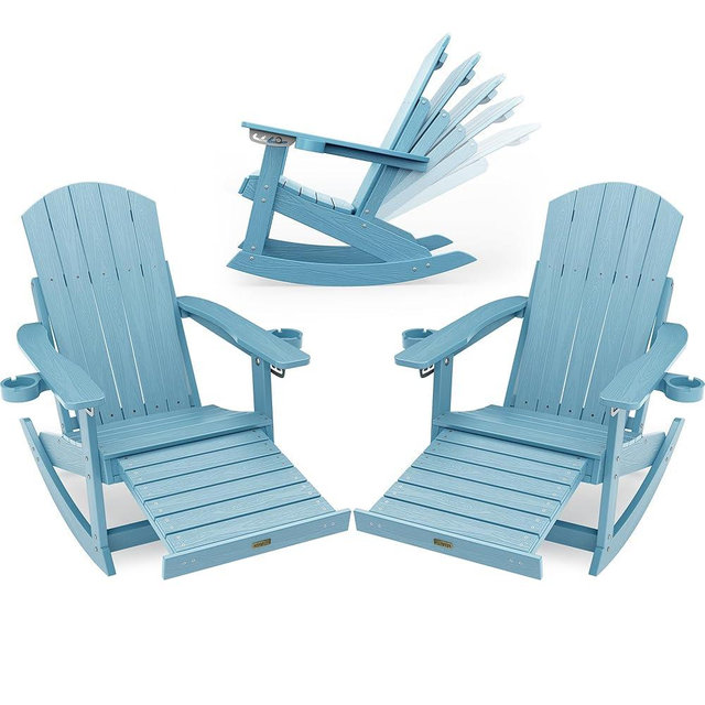 YEFU Outdoor Rocking Chairs Set of 2 Oversize Adirondack Rocking Chairs with Retractable Ottoman & 5-Level Adjustable High Back - Outdoor Rocker with 2 Cup Holders for Porch/Patio/Lawn/Blue