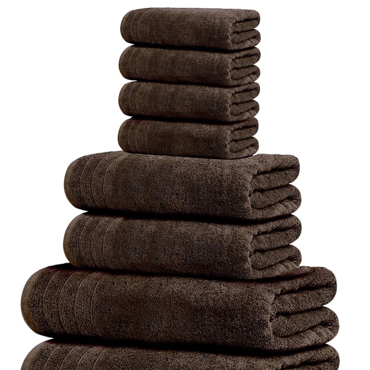 Tens Towels Pack of 8 Towels Set, 2 Extra Large Bath, 2 Hand, 4 Washcloths, 100% Cotton, Lighter Weight, Quicker to Dry, Super Absorbent, Perfect for Bathroom, Brown