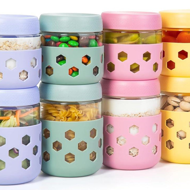Gemice 8-Pack 16oz & 10oz Overnight Oats Containers with Lids & Silicone Sleeves, Glass Mason Jars with Airtight Lid, Wide Mouth Chia Seed Pudding Meal Prep Jar for Yogurt Berries Snack