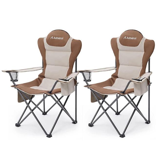 Aohanoi Camping Chairs, Outdoor Folding Chairs 2 Pack for Heavy People, Folding Chairs for Outside, Camp Chairs with Cup Holder & Cooler Bag, Supports up to 300lbs (2 Pcs, Khaki)