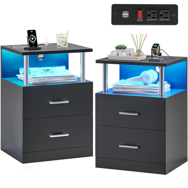 VIAGDO Black Nightstand Set of 2 with Charging Station and USB Ports, LED Night Stand with 2 Drawers, Modern End Side Tables with Open Storage, Bedside Tables for Bedroom, Office
