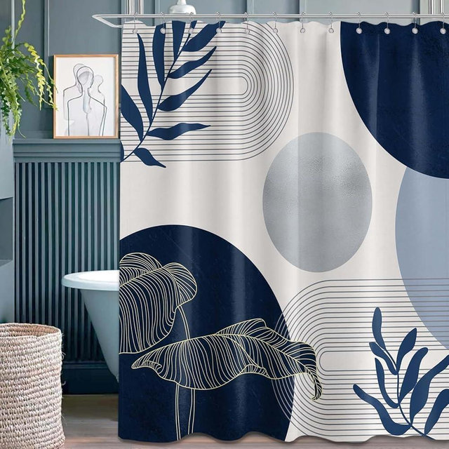 Keeuy Navy Blue and White Shower Curtain Mid Century Modern Dark Blue Boho Shower Curtains for Bathroom Decor MCM Mens Cool Bath Curtain Set, Waterproof Fabric with Hooks 70 x 72 Inch