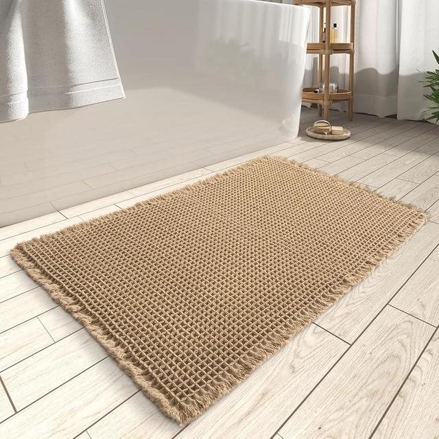 AMOAMI Upgraded Waffle Bath Mat, Super Absorbent Non Slip Bath Mats for Bathroom Floor, Machine Washable Bathroom Rugs with Tassels, Rubber Backed Bathroom Mats, Ultra Soft, 20" x 32", Brown