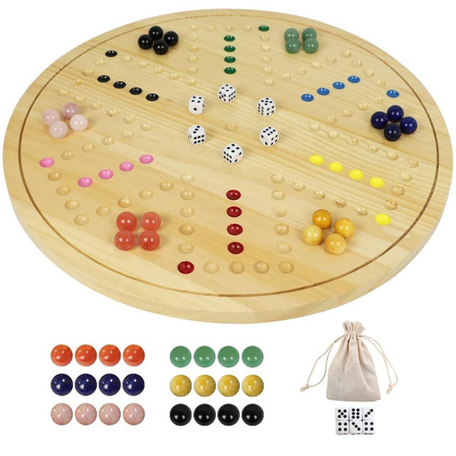 HOROW Wahoo Board Game - 20 Inch Solid Wood Board with 24 Natural Gemstone Marbles & 6 Dice，Double-Sided for 4 and 6 Players - Perfect for Family Game Nights, Parties, and Unforgettable Gatherings