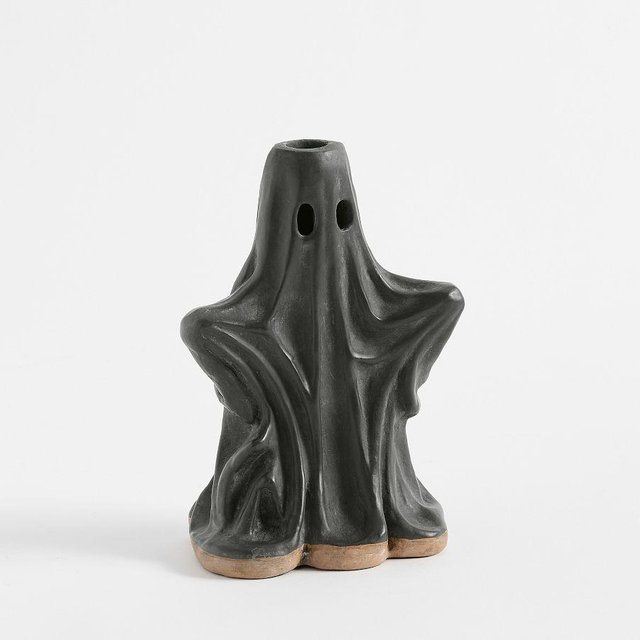 Ceramic Ghost Taper Candle Holder, Black, Large 8"