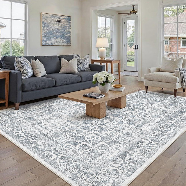 PureCozy Navy Blue Area Rug 6x9 Machine Washable Vintage Living Room Distressed Non Slip Carpet Traditional Indoor Bedroom Retro Floral Accent Throw Large Rug for Office Kitchen Dining Room
