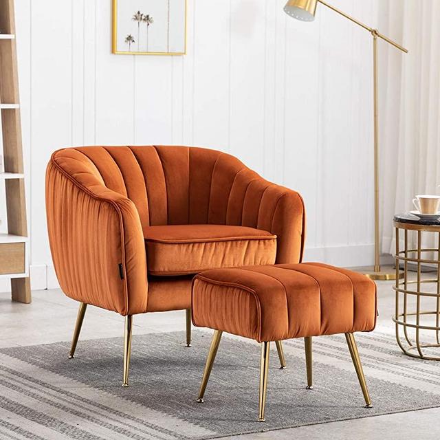 Artechworks Velvet Modern Tub Barrel Arm Chair Upholstered Tufted with Gold Metal Legs Accent Club Chair with Ottoman Footrest for Living Reading Room Bedroom, Caramel Color