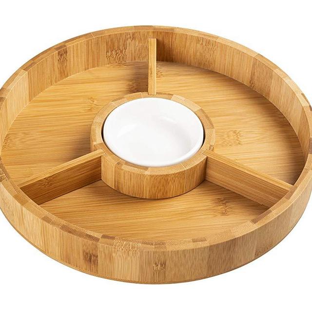 Strova 12 Inch Organic Bamboo Chip and Dip Serving Platter Set w/Ceramic Dip Bowl | Round Chips Bowl Appetizer Server for Event Use | Salsa, Taco Chip, Guacamole, and Snacks Serving Tray