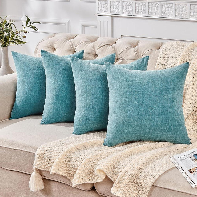 GAWAMAY Decorative Square Throw Pillow Covers 18x18 Inch Set of 4, Super Soft Chenille Pillows Farmhouse Fall Pillowcase for Living Room Bedroom Sofa Couch Cushion Cover Smoke Blue 45x45cm