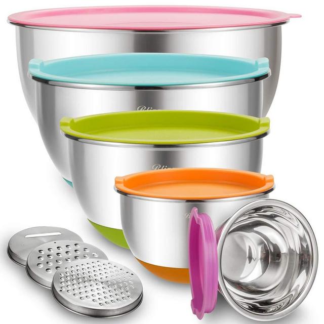 Mixing Bowls with Airtight Lids, Blingco Stainless Steel Metal Nesting Bowls Set of 5, Size 5, 3, 2, 1.5, 0.63 QT, 3 Grater Attachments, Measurement Marks & Colorful Non-Slip Bottoms