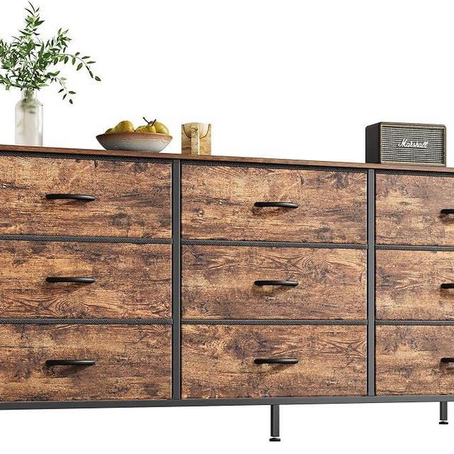 Huuger 9 Drawer Dresser, 55 Inch Dresser TV Stand for 55, 60 Inch TV, Entertainment Center with Drawers, Large Storage Fabric Dresser for Bedroom, Closet, Rustic Brown