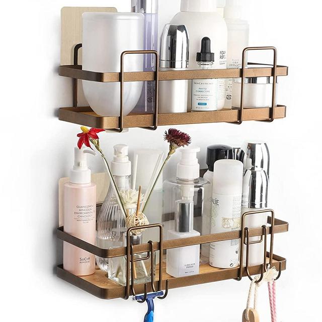 Keebofly Shower Caddy Shower Organizer Shelf with Hooks,Shower Rack Wall Mounted Adhesive Hanging,Rustproof Bamboo Basket,No Drilling,Shower Storage Holder for Bathroom Shower Kitchen 2 Pack Bronze