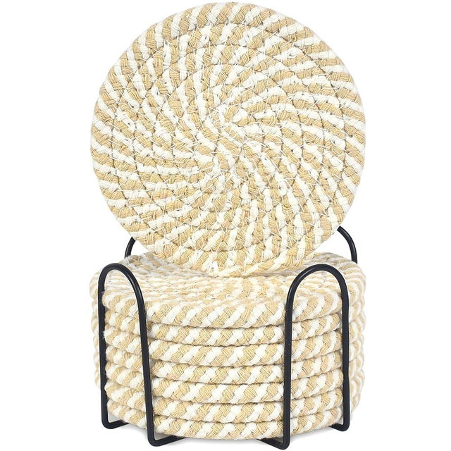 ABenkle 8 Pcs Drink Coasters with Holder, Cotton Woven Absorbent Coasters for Drinks, Minimalist Home Decor Coaster Set for Wooden Tabletop Protection Table, 4 inches White Khaki Stripes