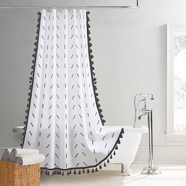 Boho Modern Black and White Shower Curtain , Soft Fabric Tassel Shower Curtains for Bathroom 72 x 72 Inches dalianna