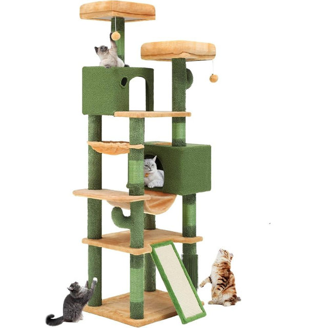 YITAHOME 76in Tall Cactus Cat Tree Tower with Self-Grooming Brush, Cute Cat Climbing Tower for Indoor Cats with Cat Condo, Plush Platform, Hammock, Sisal Scratching Posts, Dangling Ball