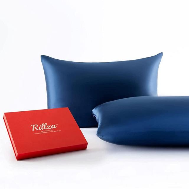 Rillza 100% Pure Mulberry Silk Pillowcase 2 Pack, Hidden Zipper(Navy Blue, Standard 20''x26'', 2 PC), Anti Acne Wrinkle, Soft Smooth, Premium Gift Box, Grade 6A Silk Pillow Case Set of 2