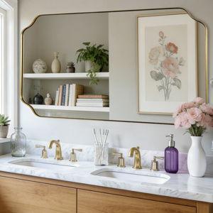 Contemporary Notched Corner Rectangle Scalloped Mirror for Wall /Bathroom | Stainless Steel Frame
