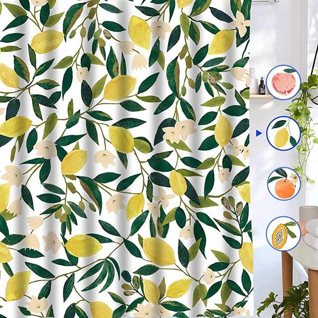 Lifeel Lemon Shower Curtains, Allover Fruits Shower Curtain Green Leaves Plant Design Waterproof Fabric Bathroom Shower Curtain Set with 12 Hooks, Green Yellow 72"×72"