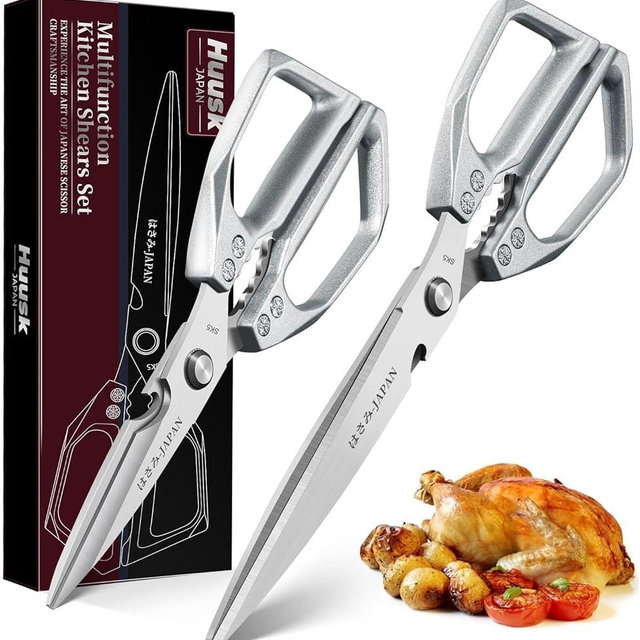 HUUSK Kitchen Scissors Set Silver - Upgraded Stainless Steel Kitchen Shear, Sharp Meat Scissors Dishwasher Safe, Heavy Duty Poultry Shears, Japanese Cooking Scissor for Food, Christmas Gifts for Women