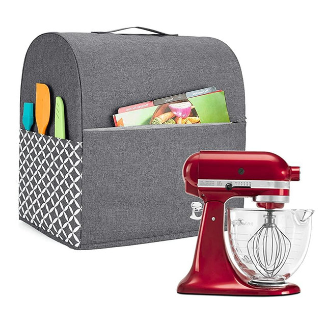 Yarwo Stand Mixer Cover Compatible with 4.5 qt and All 5 qt KitchenAid Mixer, Protective Dust Cover with Top Handle and Pockets for Accessories, Gray with Grid