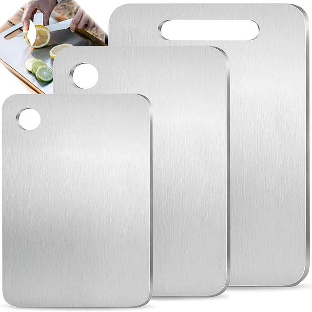 Titanium Cutting Board Set of 3, Double-Sided 100% Pure Titanium Cutting Boards for Kitchen Dishwasher Safe, Titanium Metal Charcuterie Chopping Board Mat for Fruit, Meat & Outdoor BBQ Party (S+M+L)