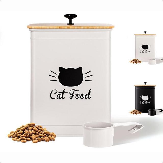 Cat Food Storage Container with Scoop - 5-10 lb (25 Cup) Capacity Metal Cat Food Container with Airtight Bamboo Lid and Metal Scoop - Airtight Pet Food Storage Containers 5 lb - 10 lb Kibble Container