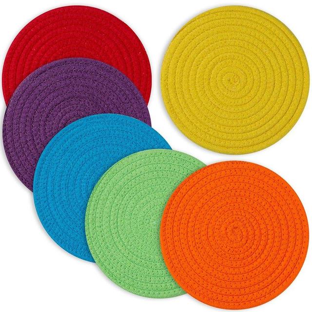 Trivets for Hot Pots and Pans 8 inches 6 Pcs, Trivet for Hot Dishes, Hot Pads for Kitchen Table, Large Coasters Cotton Mat to Protect Counter, Cooking Potholder Set (Rainbow, 6)