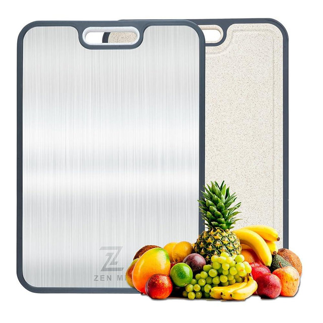 Cutting Board for Kitchen, Double-Sided 304 Stainless Steel Cutting Board & Wheat Straw PP, Non Toxic, Easy Clean Metal Chopping Surface for Meat/Vegetables, Dishwasher Safe 15”×10”