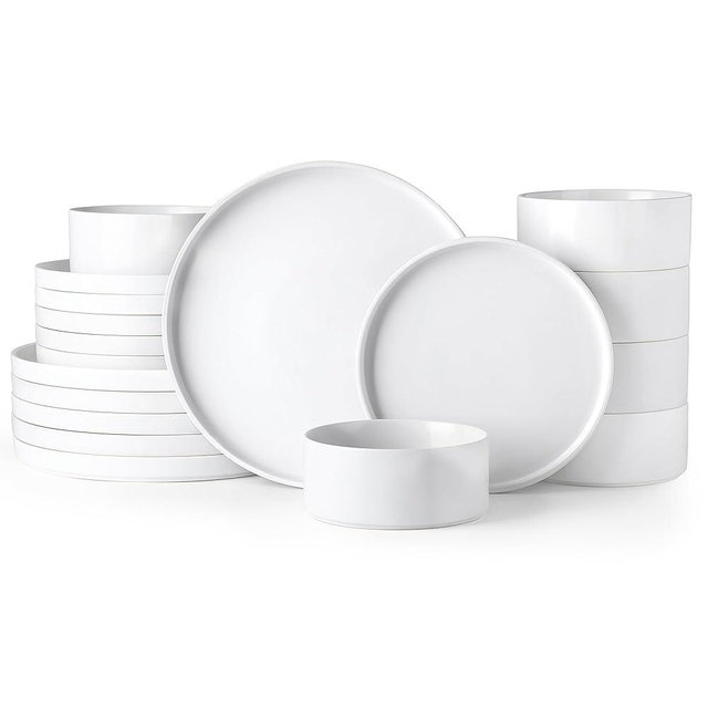 GBhome Ceramic Dinnerware Sets for 6, Matte Stoneware Plates and Bowls Sets,Chip and Scratch Resistant Dishes, Dishwasher & Microwave Safe, Oven safe,Reactive Glaze-White