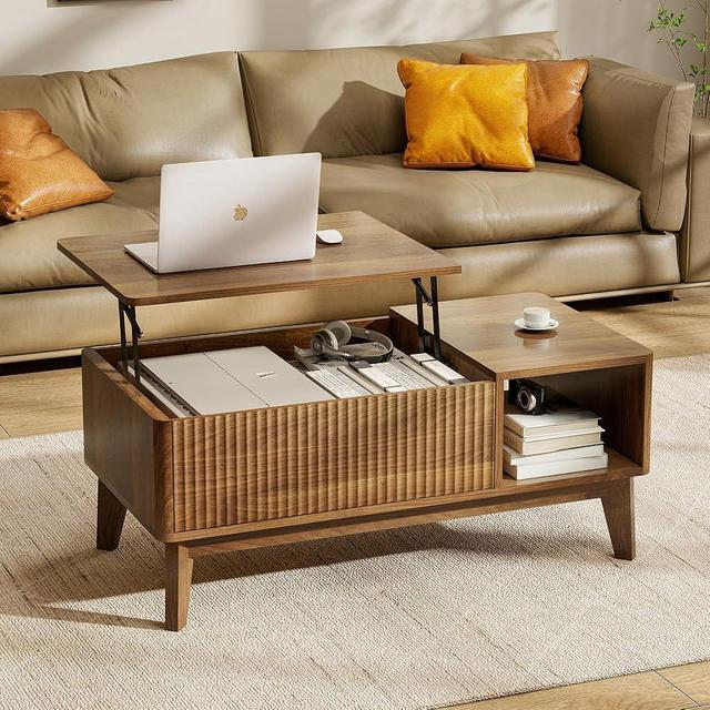 LYNCOHOME Fluted Coffee Table with Hidden Compartment, Wood Lift Top Coffee Tables, Modern Center Table for Living Room, Home Office（Walnut）