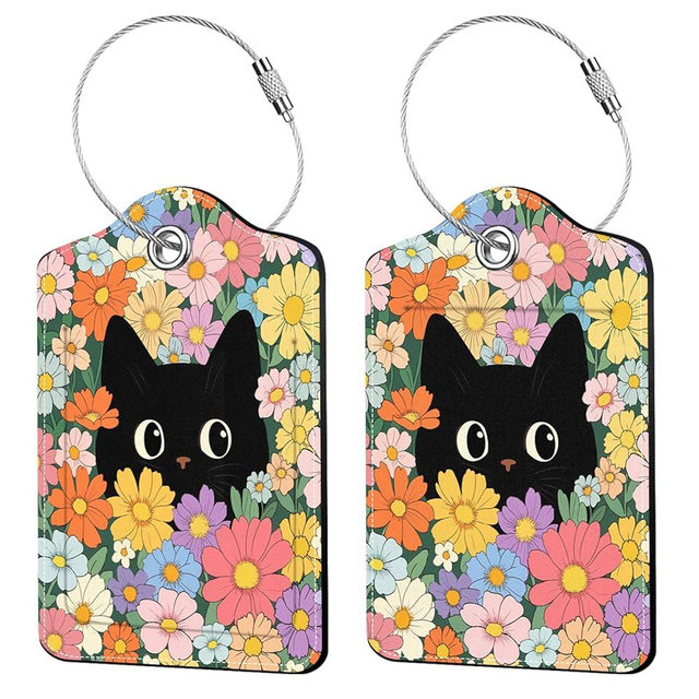 2 Pcs Colorful Cat Luggage Tags for Suitcase, Leather Luggage Tags Cute, Privacy Cover ID Label with Stainless Steel Loop & Address Card, Black Cat Travel Bag Tag Luggage Accessories for Suitcases