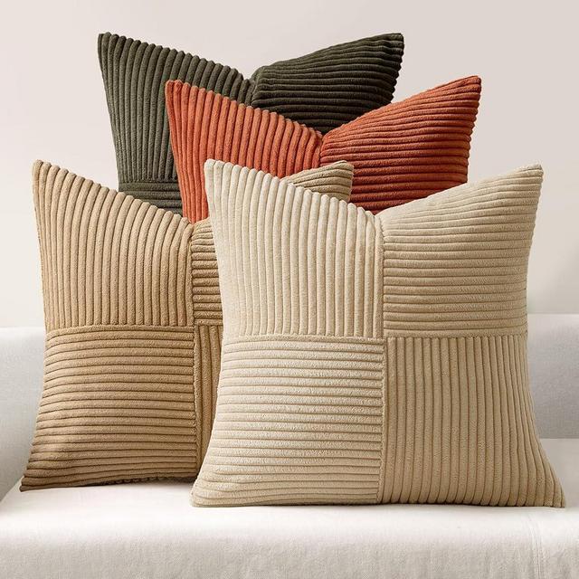 MIULEE Rust-Olive Green Decorative Throw Pillow Covers 18x18 Inch Set of 4 Boho Color-Clash Cushion Cases Farmhouse Pillow Cases Corduroy Striped Fall Home Decor for Couch Sofa Living Room Bed