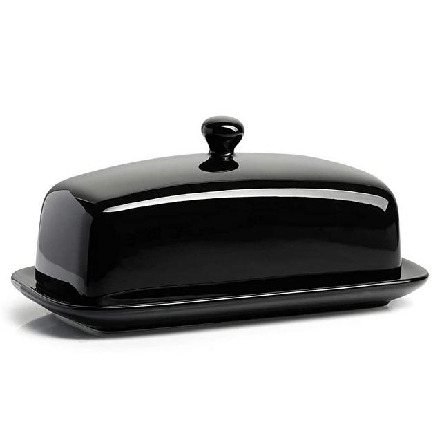 Sweese Butter Dish with Lid, 307.112 Porcelain Butter Keeper, 7.8 Inch Butter Holder with Handle Cover, Butter Container Perfect for East West Coast Butter, Black