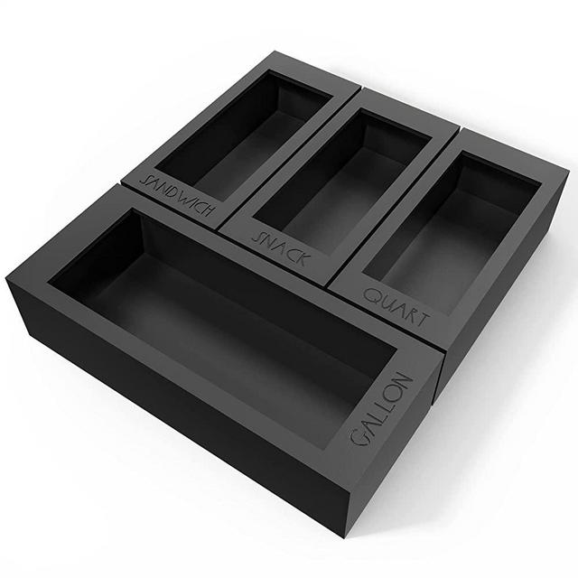 Bamboo Ziplock Bag Storage Organizer for Kitchen Drawer, 4 Separate Food Storage Bag Organizer, 12x14" Baggie Organizer Dispenser for All Brands Gallon, Snack, Sandwich & Quart Slider Bags Black
