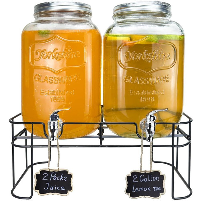 2 Gallon Larger Glass Drink Dispenser for Parties, 2 Packs Juice Lemonade Ice Tea Water Dispenser with Stand, HENABLE Beverage Dispensers with Spigot for BBQ, Picnic, Party