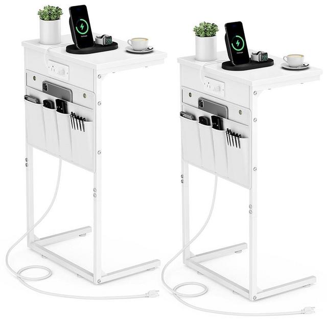 Vagusicc C Shaped End Table with Charging Station, Set of 2, 28" Tall Side Table for Couch, Small Slide Under Sofa Table with Storage Bag for Small Spaces, TV Tray Table Arm Table for Living Room