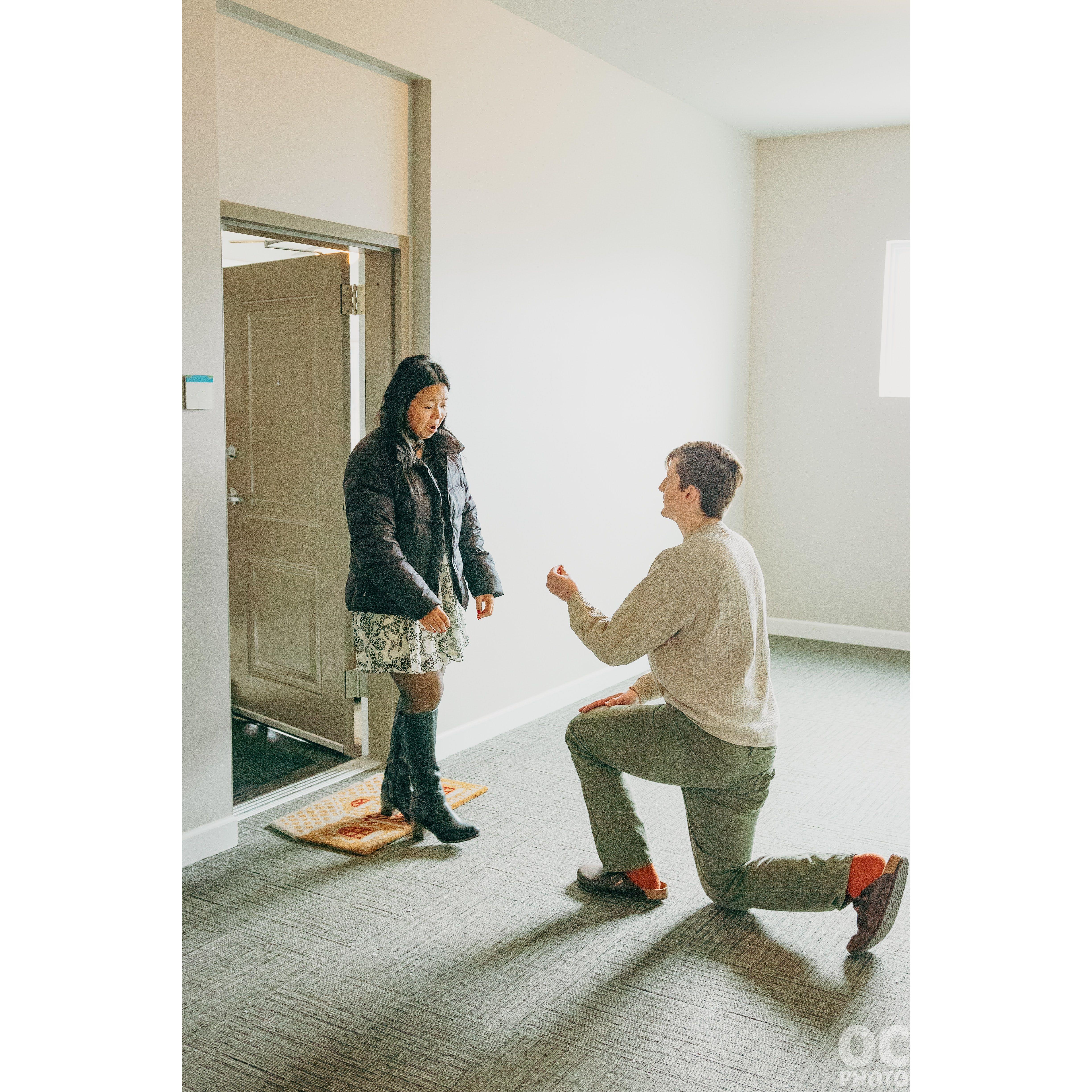 Adam popped the question on February 3rd, 2024, right outside of our apartment in front of both of our families. Cristina said "YES!"