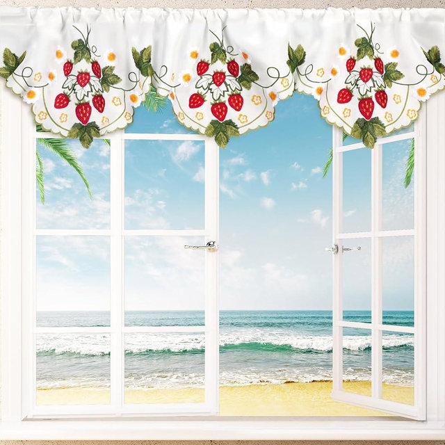 Hillsuren Embroidered Summer Strawberry Kitchen Curtains Valances 58 x 15 Inch Red Strawberry Window Treatment Valance Fruit Flower Leaf Curtain for Bedroom Bathroom Living Room Decor
