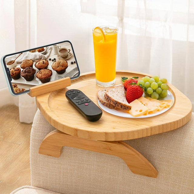 SINWANT Couch Arm Table, Bamboo Round Sofa Clip Tray Table with 360° Rotating Phone Holder,Large Sofa Arm Tray for Arm Chair Table, Folding Snack Eating Drink Tables