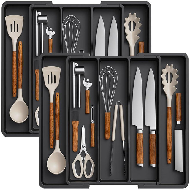Lifewit Utensil Organizer for Kitchen Drawers, Expandable Cooking Utensil Tray, Adjustable Cutlery Silverware Flatware Holder, Plastic Kitchen Spatula Tools and Gadgets Storage Divider, 2 Pack, Black