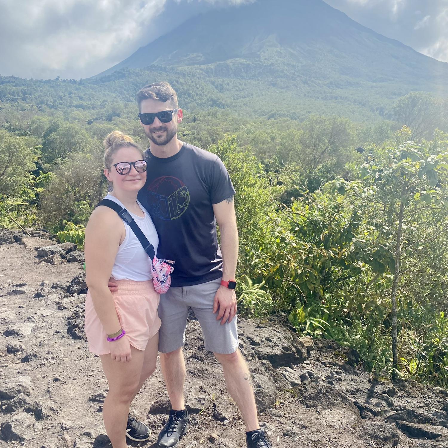 Casually standing in front of a volcano