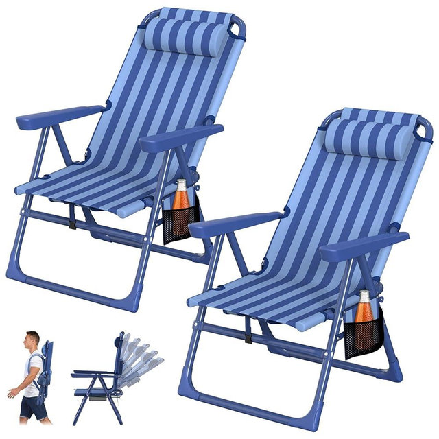 Suteck Backpack Beach Chairs for Adults 2 Pack, 6-Position Folding Reclining Chair with Cooler Bag & Cup Holder, Lightweight Portable Beach Chair for Camping, Outdoor, Sand, Travel Use