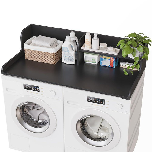 DTK Washer Dryer Wood Countertop with Shelf, Laundry Topper with Non-Slip Mat,27.55" Depth x 54" Width Dryer Covers for The Top with Edge Rails, Black