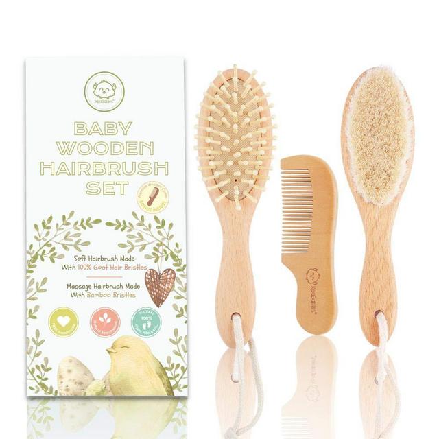 Baby Hair Brush and Comb Set for Newborn - Natural Wooden Hairbrush with Soft Goat Bristles for Cradle Cap - Perfect Scalp Grooming Product for Infant, Toddler, Kids - Baby Registry Gift