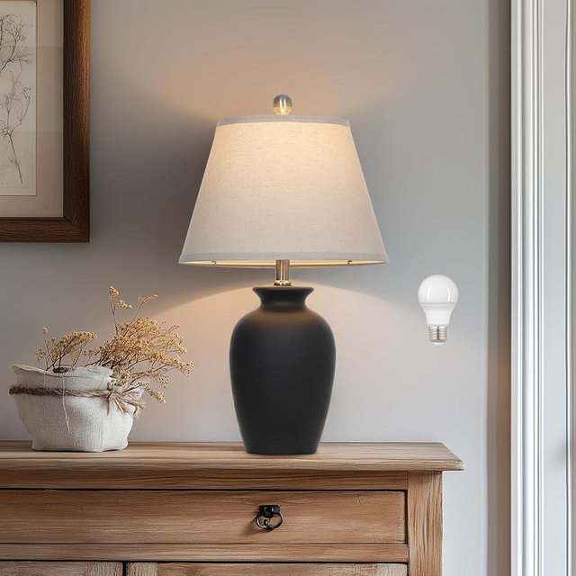 Cinkeda 22" Black Ceramic Farmhouse Table Lamp with Ginger Jar Design - for Living Room,Dining Room,Bedroom,Office,Nightstand,End Table